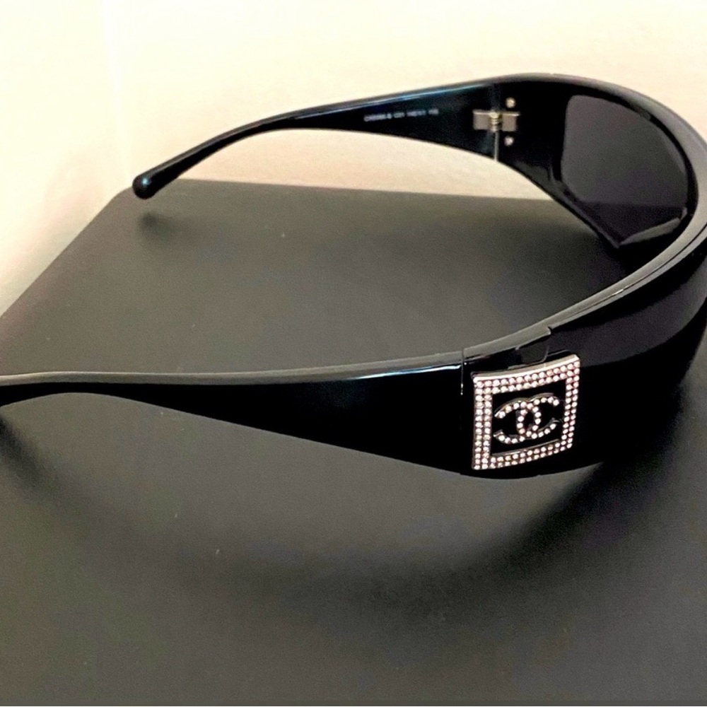 Vintage Chanel Black Rhinestones Shield Sunglasses Shield lens has been replaced
